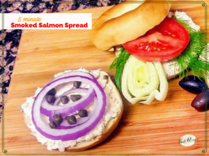bagel with salmon spread on bagel with vegetables and text overlay "Smoked Salmon Spread"