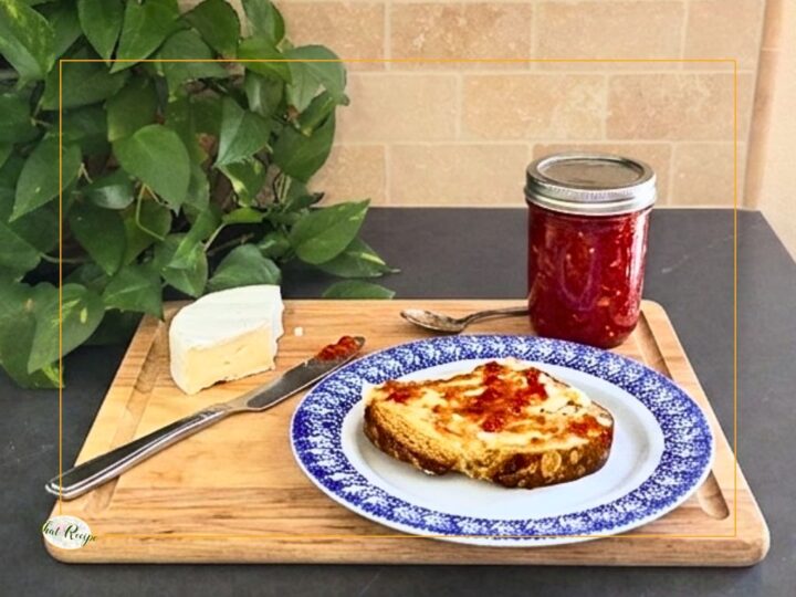 tomato preserves (tomato jam) on a piece of toast