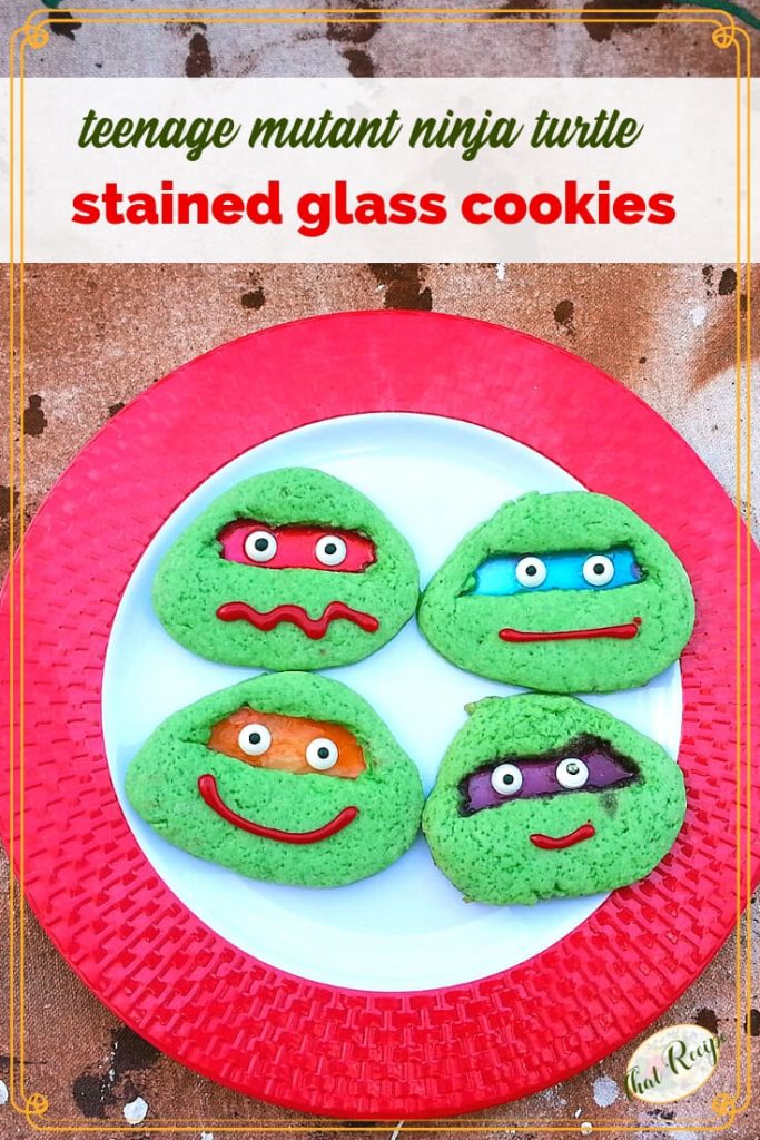 stained glass cookies on a plate with text overlay "Teenage mutant ninja turtle stained glass cookies"
