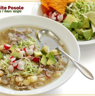soup in a bowl with text overlay "White Posole"