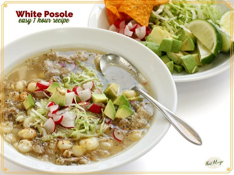 soup in a bowl with text overlay "White Posole"