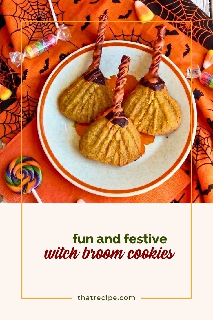 halloween cookies shaped like witch brooms on a plate