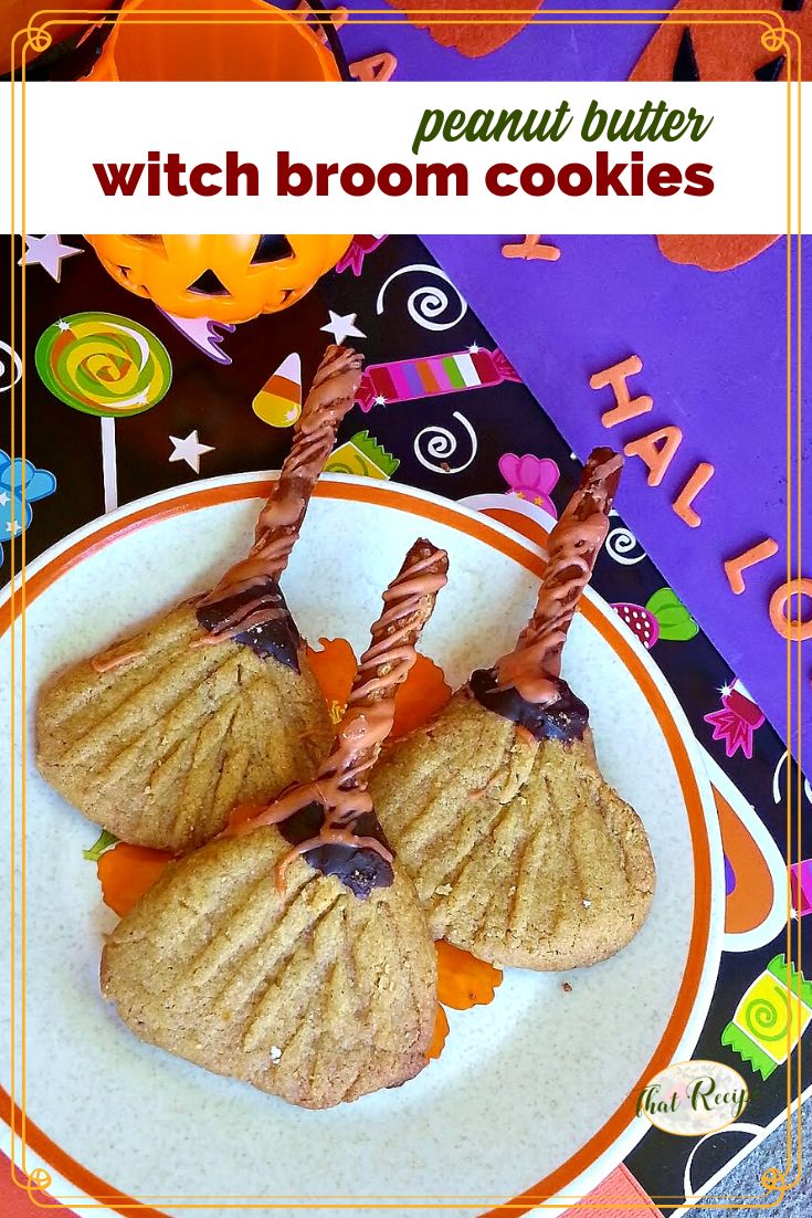 Halloween cookies with text overlay "peanut butter witch broom cookies"