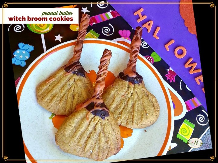Halloween cookies with text overlay "peanut butter witch broom cookies"