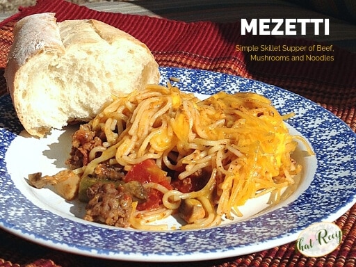 mezetti on a plate with bread with text overlay "one pot beef, mushroom and noodle casserole"