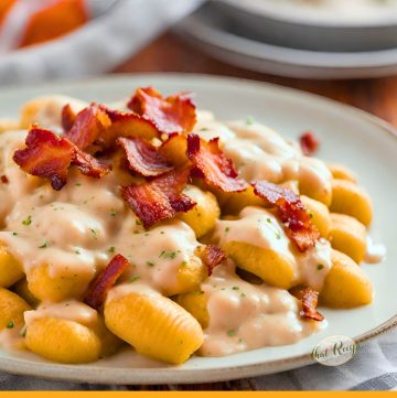 pumpkin gnocchi with bacon alfredo sauce on a plate