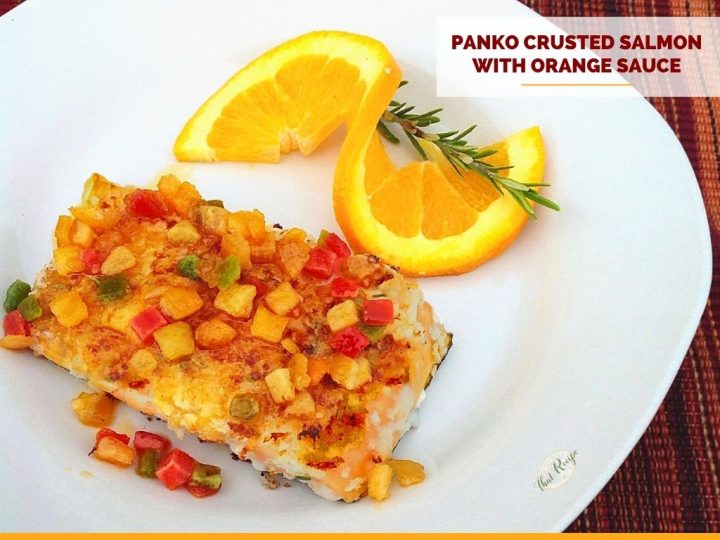 salmon topped with candied orange peel and text overlay "panko crusted salmon"