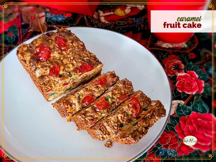 Sliced fruit cake on a plate with text overlay "caramel fruit cake"