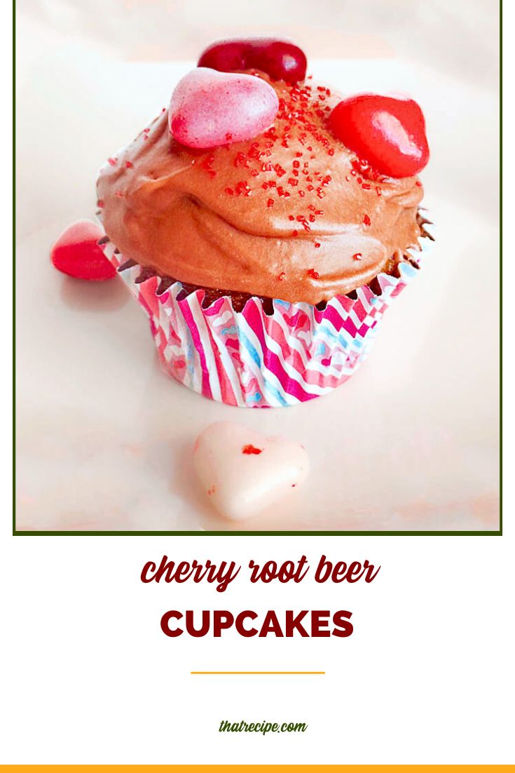 cupcake on a plate with text overlay cherry root beer cupcake