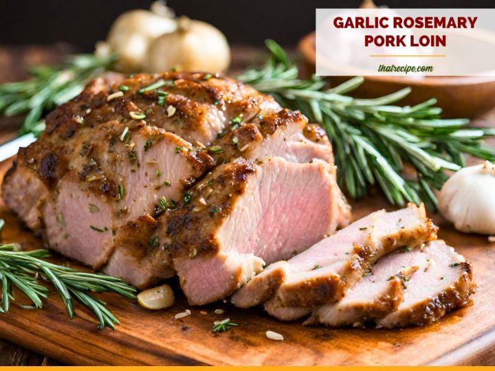 pork roast on a cutting board with rosemary and garlic