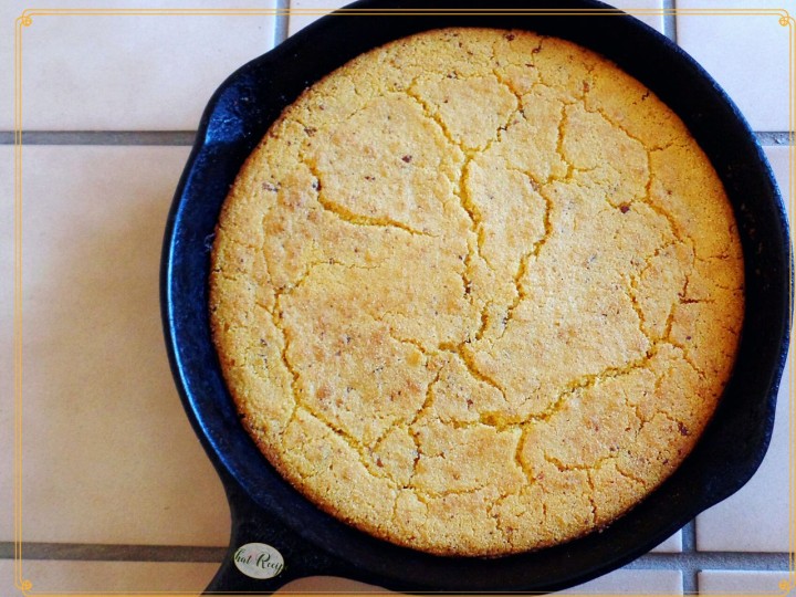 top down view of cracklin bread in a cast iron skillet