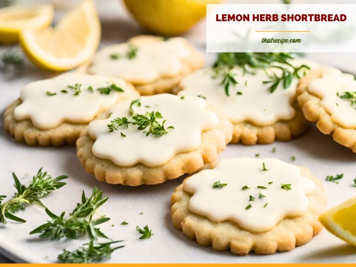 frosted cookies topped with herbs with text overlay "lemon herb shortbread"