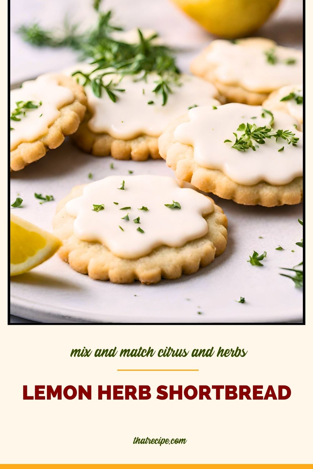 frosted cookies topped with herbs with text overlay "lemon herb shortbread"