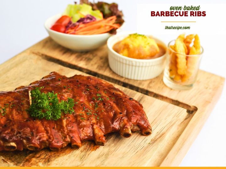 ribs on a plate with text overlay "oven baked barbecue spareribs"