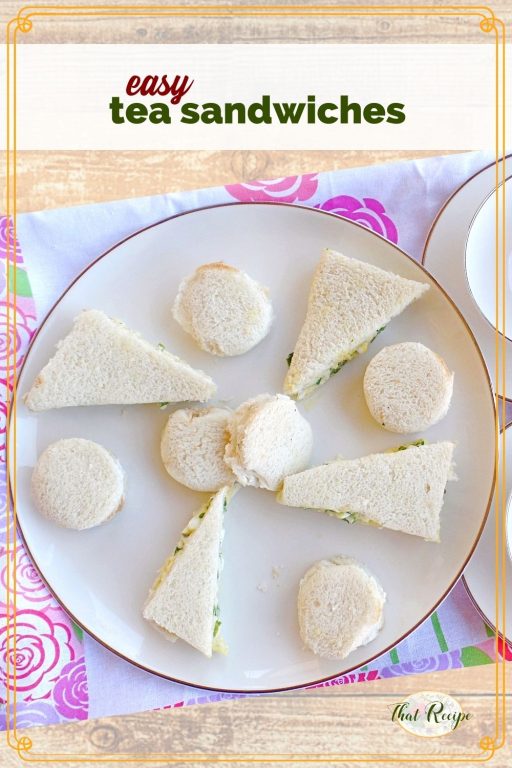 cucumber sandwiches and watercress sandwiches on a plate with text overlay "easy tea sandwiches"