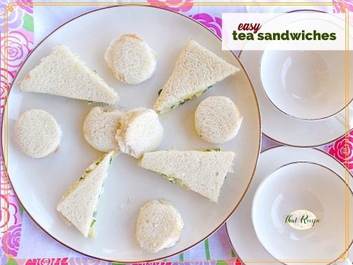 cucumber sandwiches and watercress sandwiches on a plate with text overlay "easy tea sandwiches"