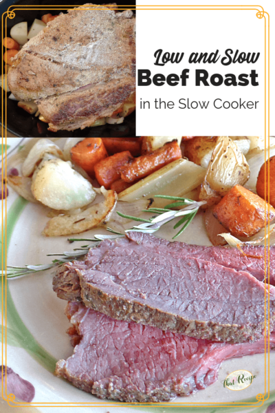 Beef roast on a plate with roasted root vegetables
