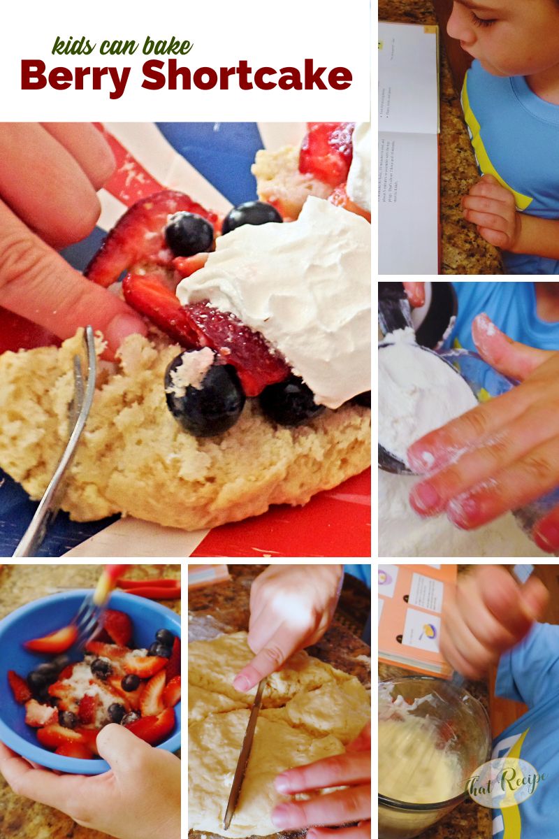 collage of child making shortcake with text overlay kids can bake strawberry shortcake