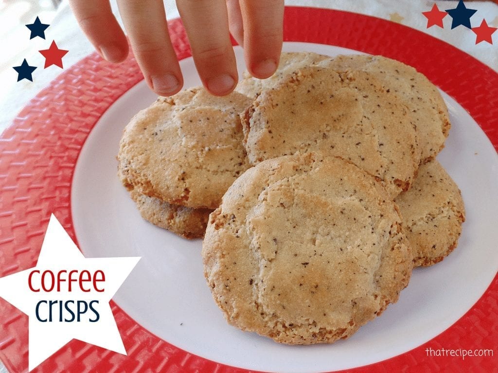 hand sneaking a cookie off of a plate with text overlay "Crispy Coffee"