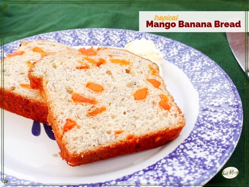 slices of banana bread on a plate with text overlay "tropical Mango Banana Bread"