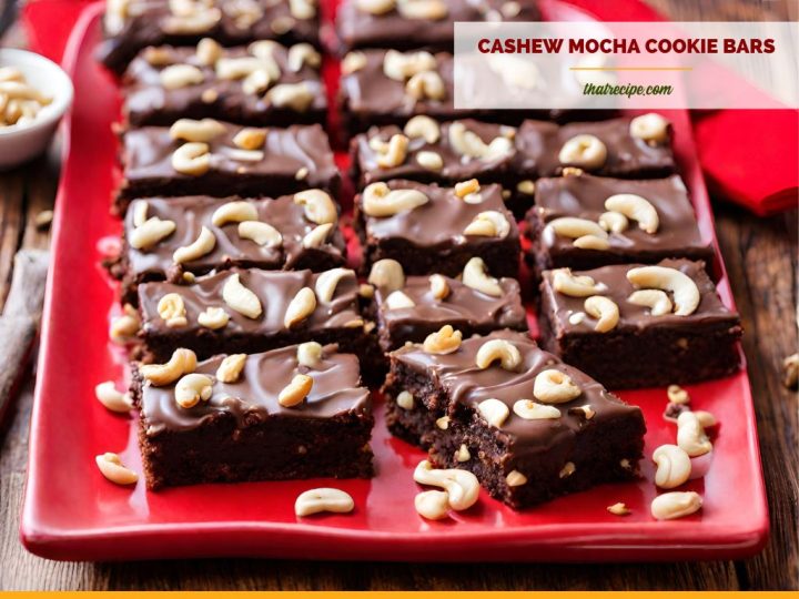 chocolate cookie bars topped with mocha icing and cashews