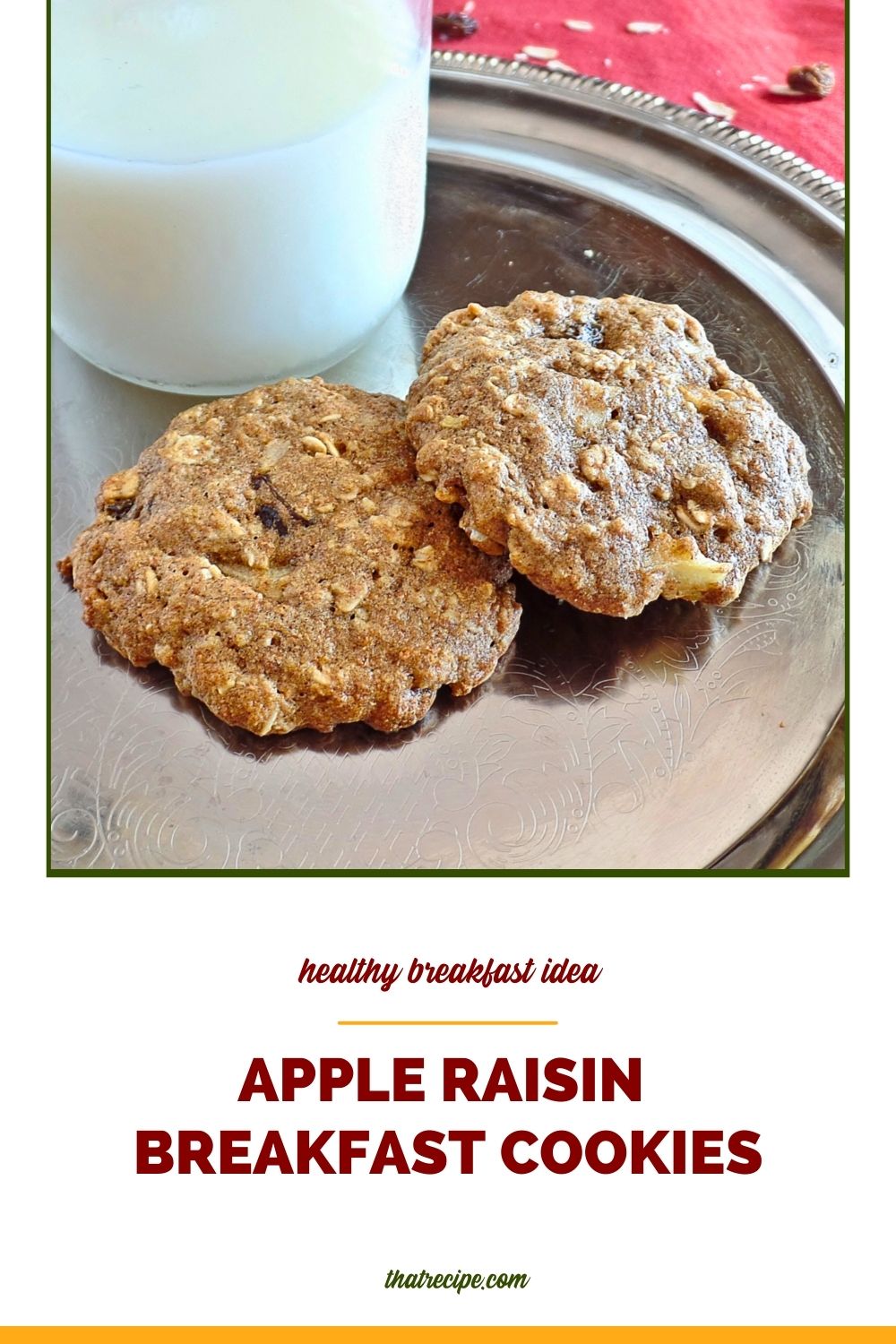 apple raisin breakfast cookies on a tray with milk