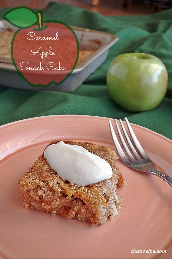 Caramel Apple Cake - healthy low fat snack cake with caramels, grated apples and whole wheat flour. Topped with a Yogurt Whipped Cream.