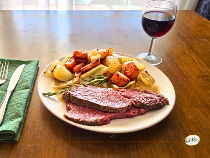 roast beef slices and roasted vegetables