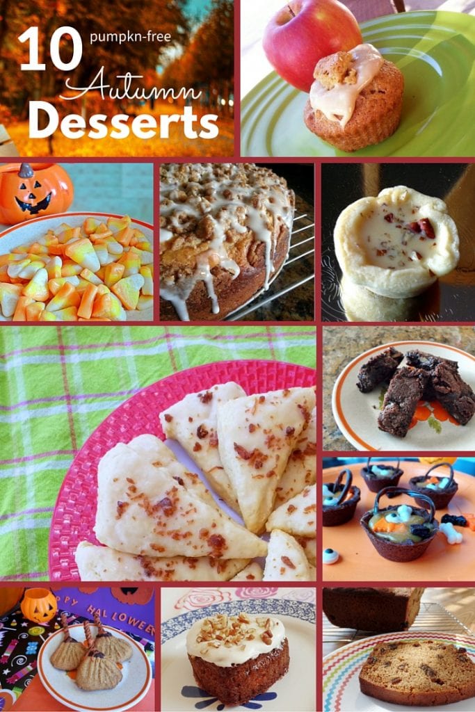 10 Pumpkin Free Autumn Desserts. Cookies, cakes and candies flavored with apples, pecans, maple, honey and chocolate. Halloween desserts. Fall Desserts.