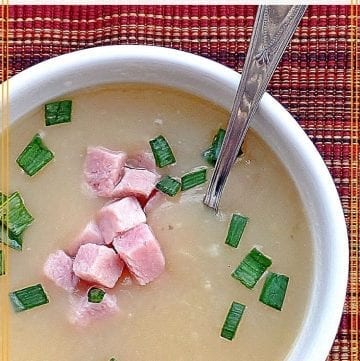 top down view of ham and potato soup