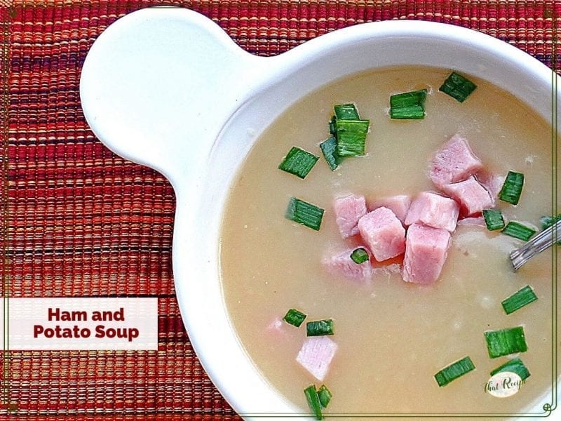 top down view of ham and potato soup