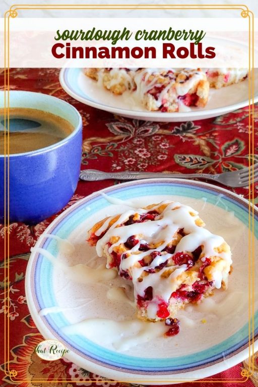 cinnamon roll on a plate with text overlay sourdough cranberry cinnamon rolls