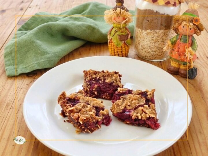 cranberry oat bars on a plate with cookie mix in a jar