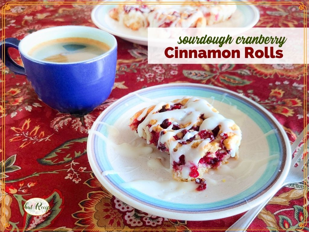 cinnamon roll on a plate with text overlay sourdough cranberry cinnamon rolls