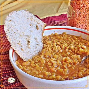 tomato and lentil soup in a bowl