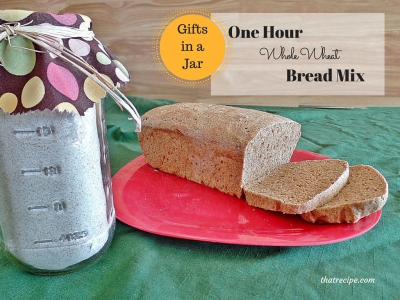 Gifts in a Jar: One Hour Whole Wheat Bread Mix. Whole wheat bread mix in a jar for gift giving. Bread is ready in one hour from start to finish.