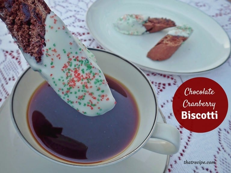 Chocolate Cranberry Biscotti - twice baked crunchy chocolate Italian biscuits studded with dried cranberry for dipping in coffee, latte, cappuccino, etc.