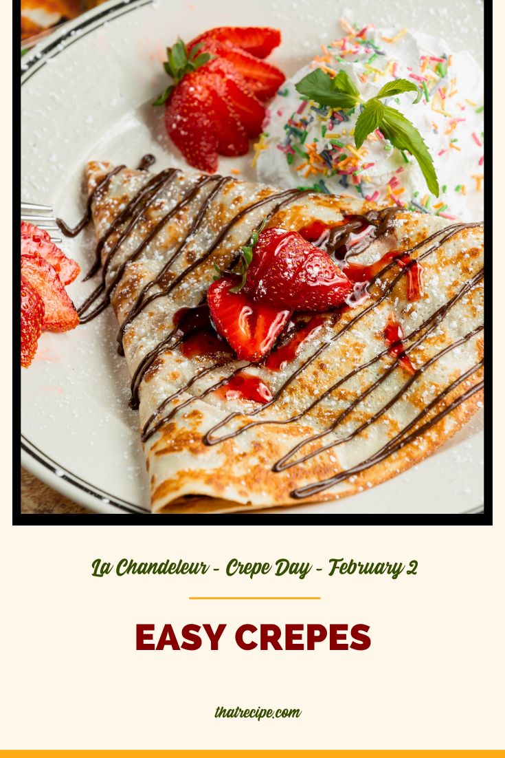 crepe on a plate with chocolate and strawberries on top and text overlay Basic crepes
