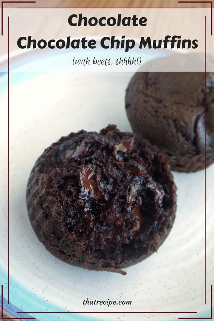 Chocolate Chocolate Chip Muffins with Beets - Chocolate muffins with beets added for moisture and rich dark color plus nutritional boost.