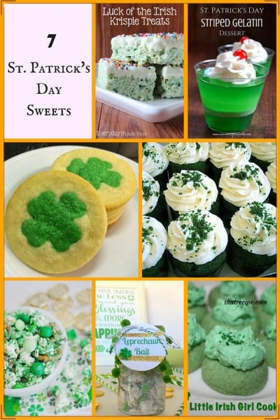 St Patrick's Day Desserts including cookies, cupcakes, gelatin, rice krispie treats, snack mix and more