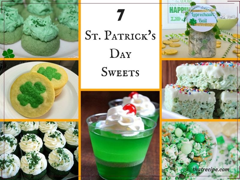St Patrick's Day Desserts including cookies, cupcakes, gelatin, rice krispie treats, snack mix and more