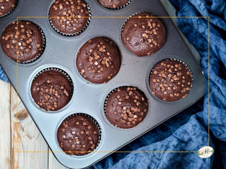 top down view of chocolate muffins with chocolate chips