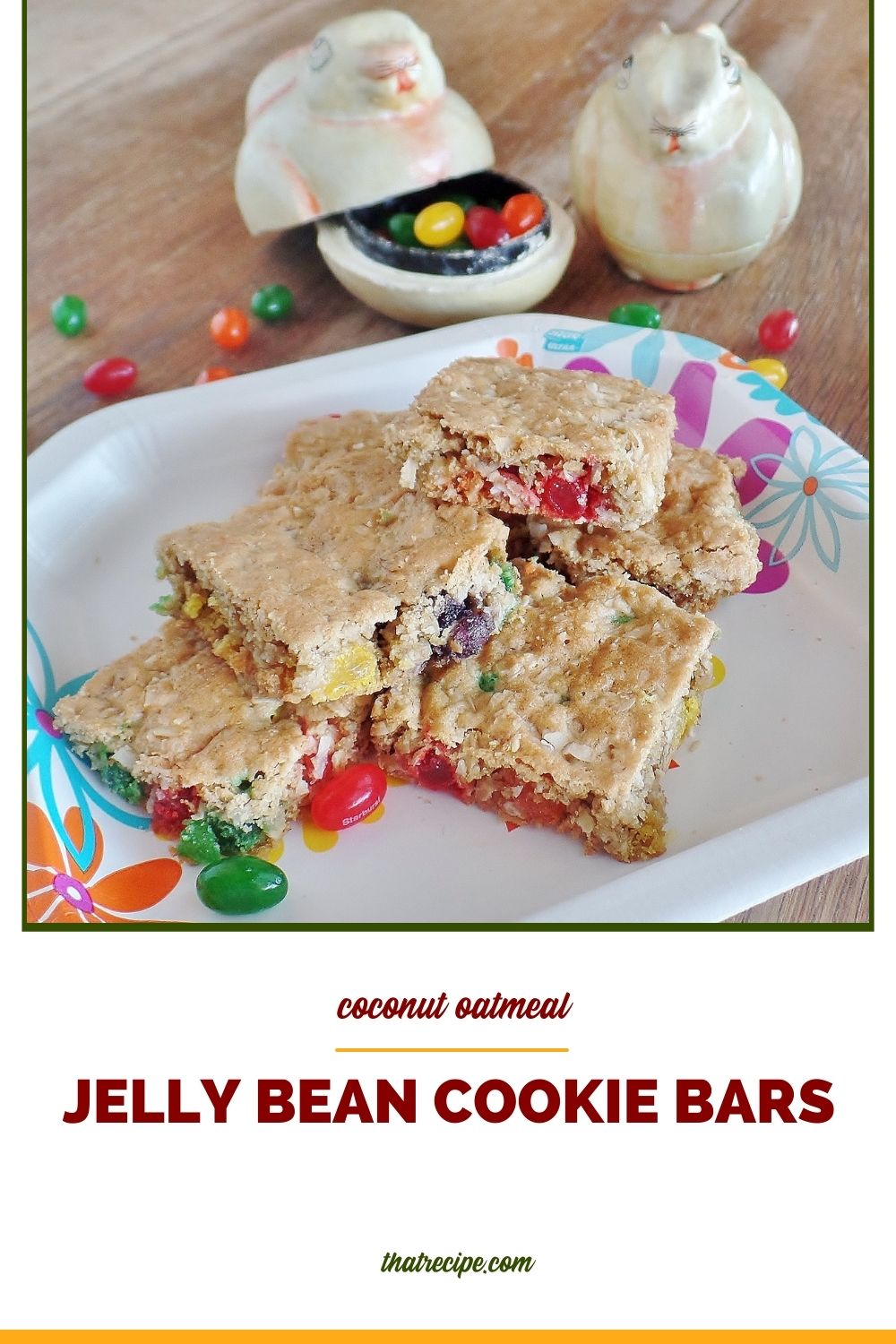 cookie bars on a plate with bunny shaped candy dishes and text overlay "coconut oatmeal jelly bean cookies"