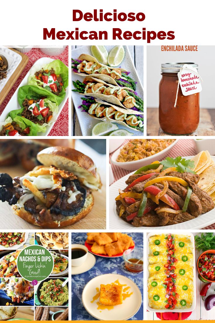 Collection of Mexican recipes and Mexican inspired recipes included fajitas, tacos, enchiladas, guacamole, cocadas.