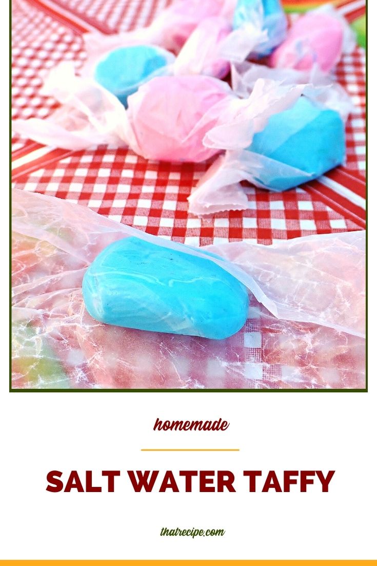 pieces of candy on a table with text overlay "homemade salt water taffy"