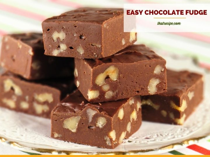chocolate fudge with nuts and text overlay "easy chocolate fudge"