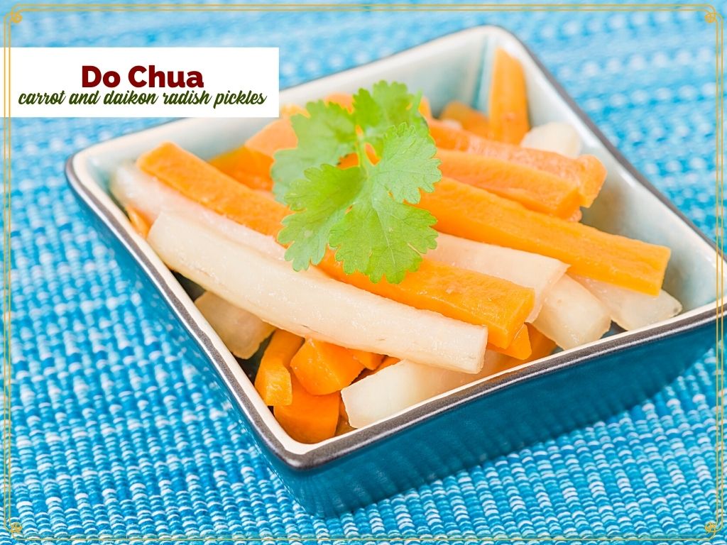 matchstick carrots and radish in a square bowl with text overlay "Do Chua - Vietnamese carrot and Daikon radish pickles"