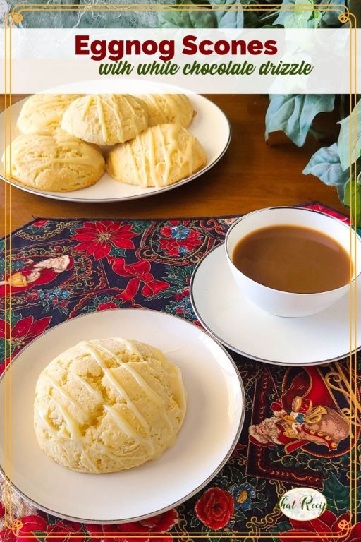 homemade eggnog scones on a plate with coffee