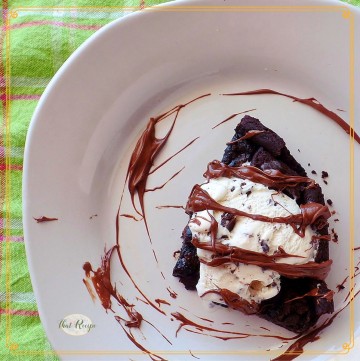 Black bean brownie topped with ice cream and nutella