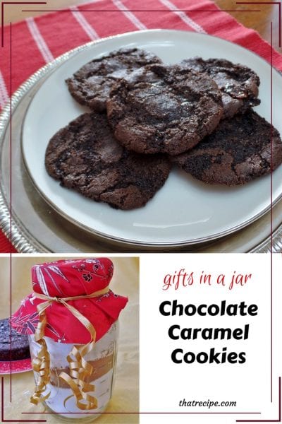 Gifts in a Jar: Chocolate Caramel Cookies - two different chocolate cookie recipes from a jar of homemade cake mix. Cookie Mix in a Jar.